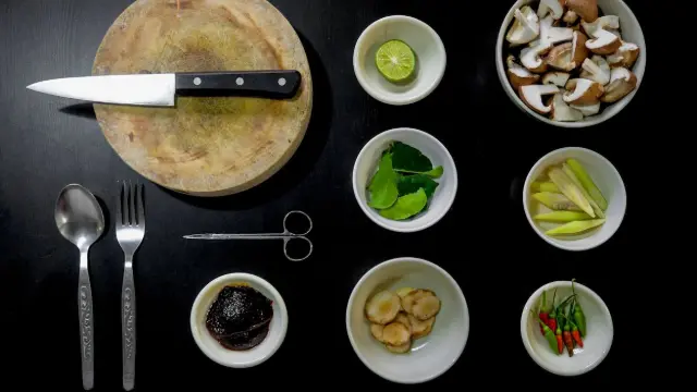 Neatly arranged tableware and ingredients
