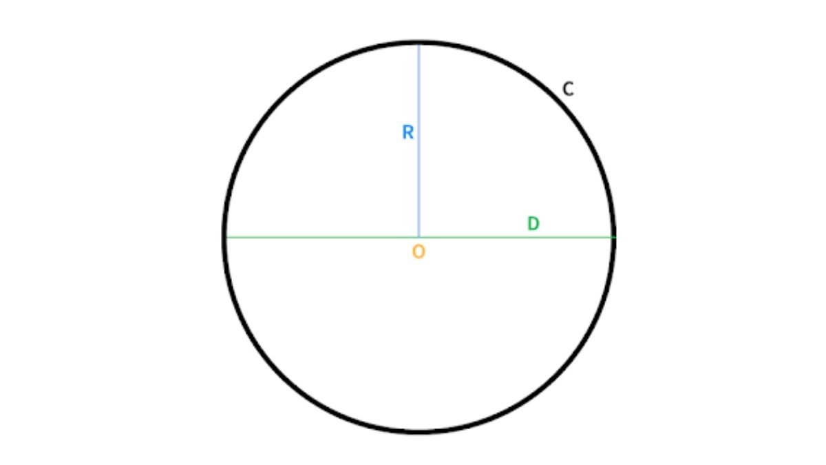 A circle with diameter, radius, and circumference labeled