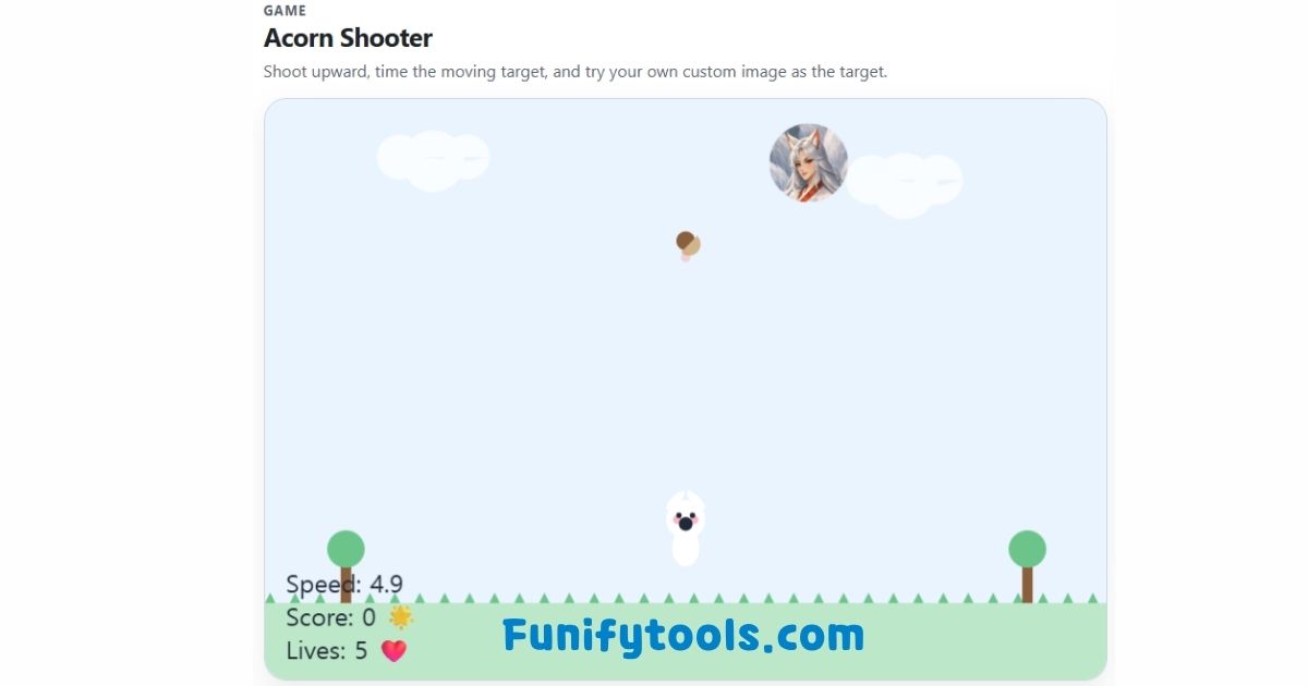 Cute Acorn Shooter game preview showing the animal shooter, acorn trajectory, and moving target on a bright canvas stage