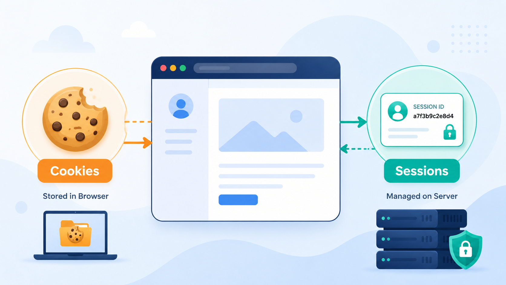 Browser cookies and server sessions concept